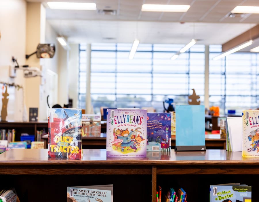 Livros infantis coloridos organizados em uma biblioteca