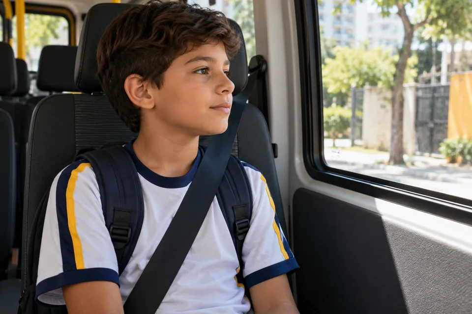 Aluno transportado sentado com segurança dentro da van