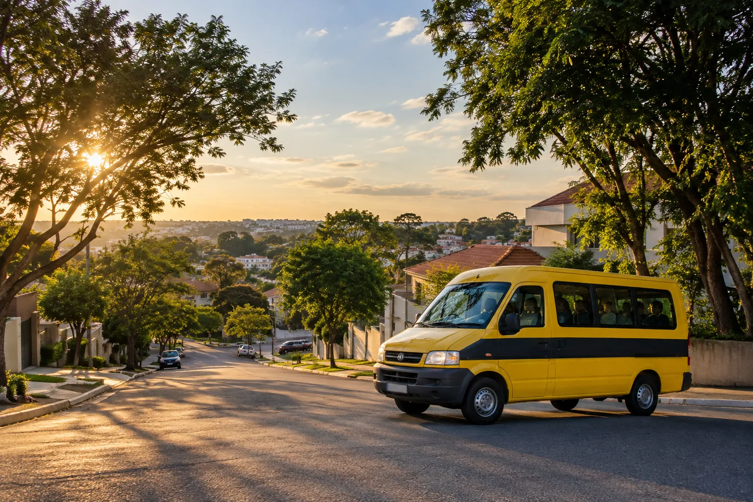 Van escolar em uma rua arborizada de cidade do interior paulista