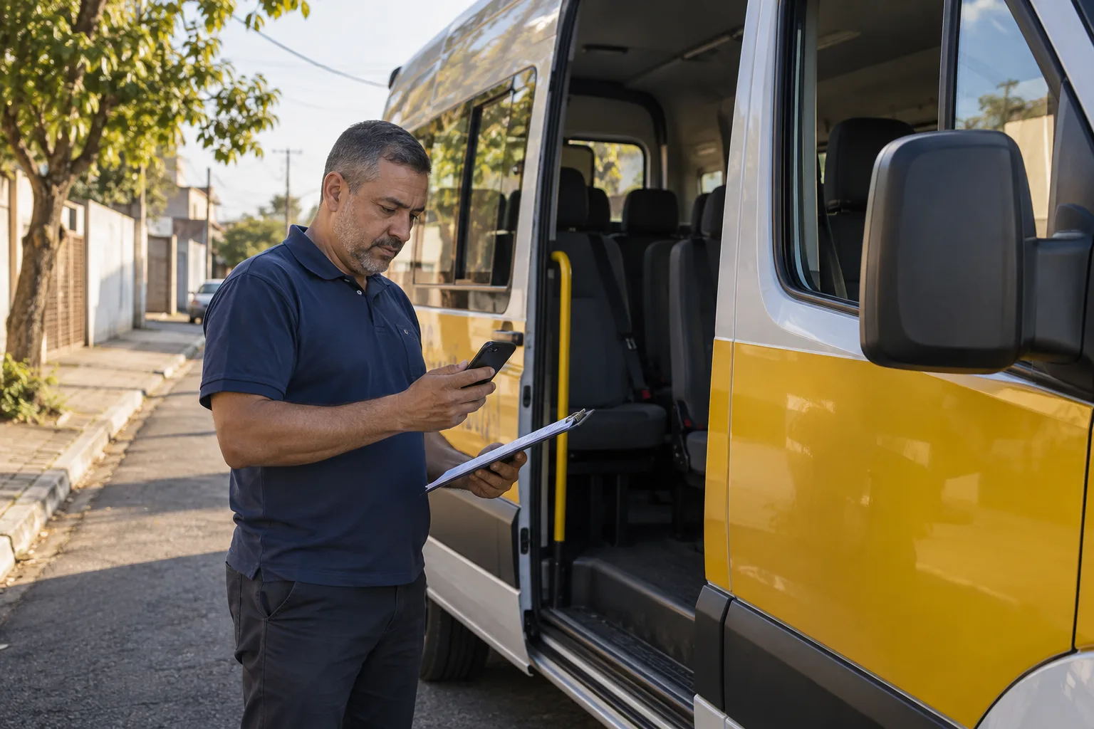 Motorista ao lado da van organizando sua rota
